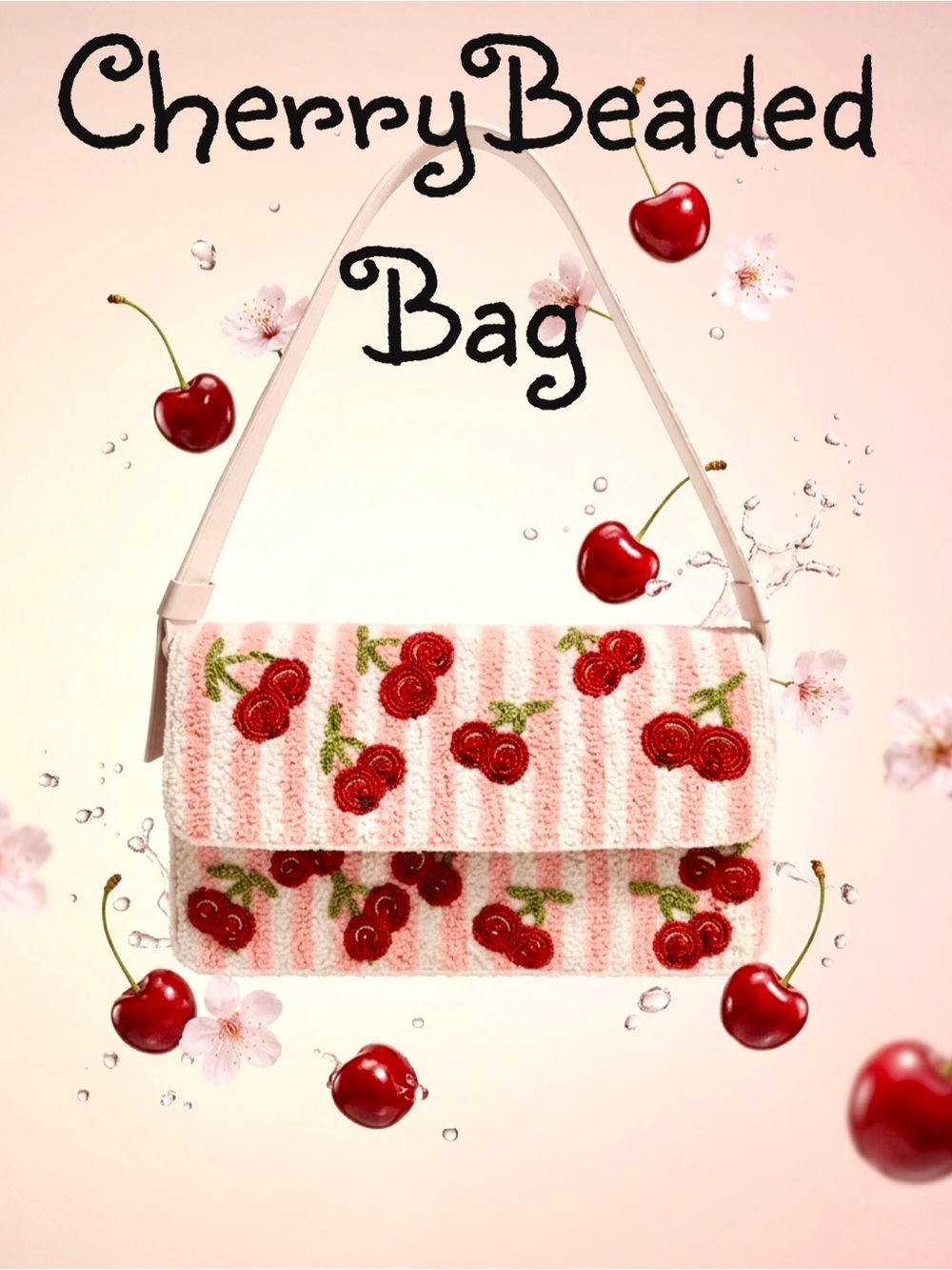 Handcrafted in India Viral Beaded Cherries Cherry Pink Striped Shoulder Bag